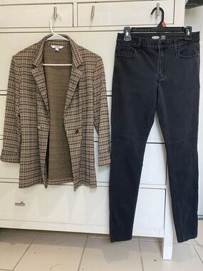 Set plaid blazer with Old navy skinny jeans casual outfit